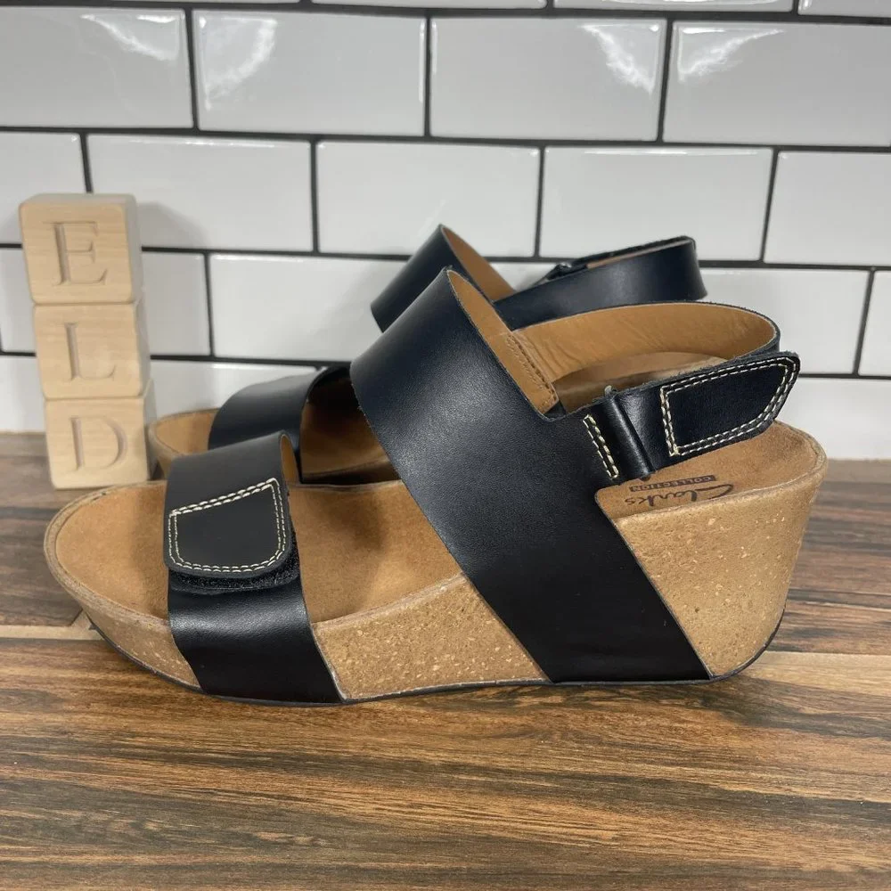 Clarks Auriel Fin Women's Size 6 Shoes Black Leather Strappy Wedge Sandals
